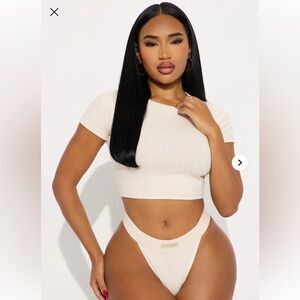Fashion Nova FN Mood TShirt And Thong 2 Piece Cotton Ribbed Set - Oatmeal